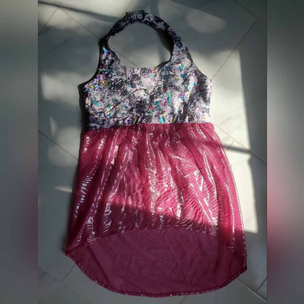 Pink Shimmer Mesh Paint Splatter Chrome Glitter Halter Top CC Dancewear Cheer